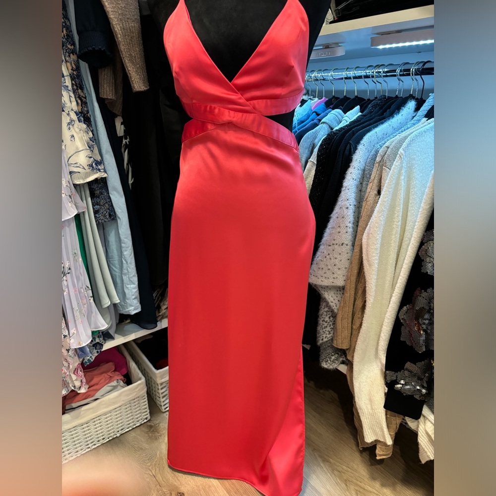 NWT. Zara Coral Pink Satin Effect Cut Out V-neck Midi Dress. Size XS. - Picture 9 of 12